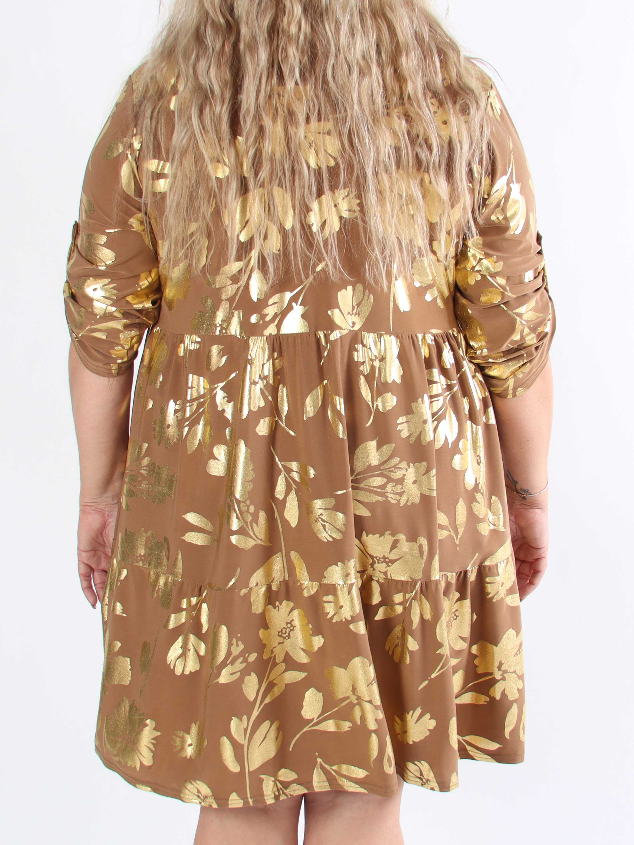 Milano Gold Flower Midi - Plus size kjole med guld blade og lag på lag look